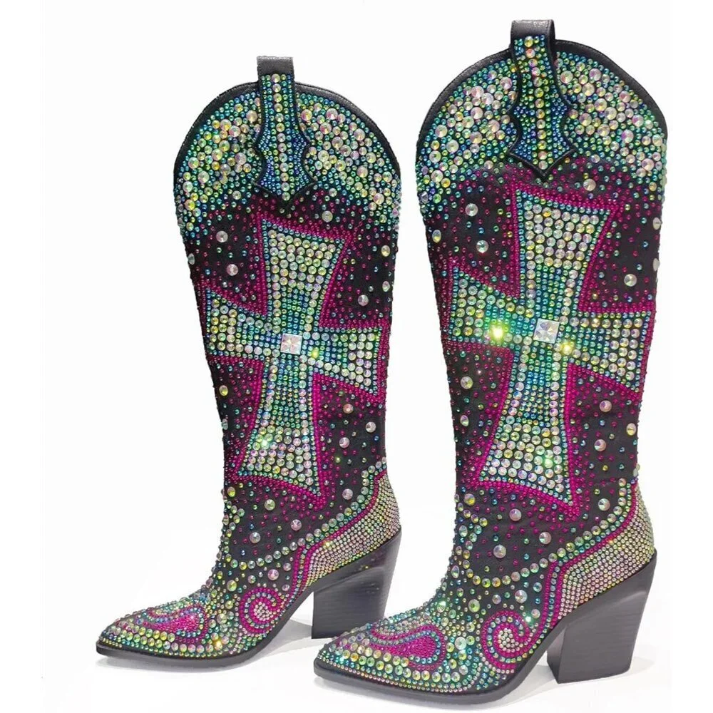 Women's Multi Blue Fashion Rhinestone Cross Western Knee-High Cowboy Boots